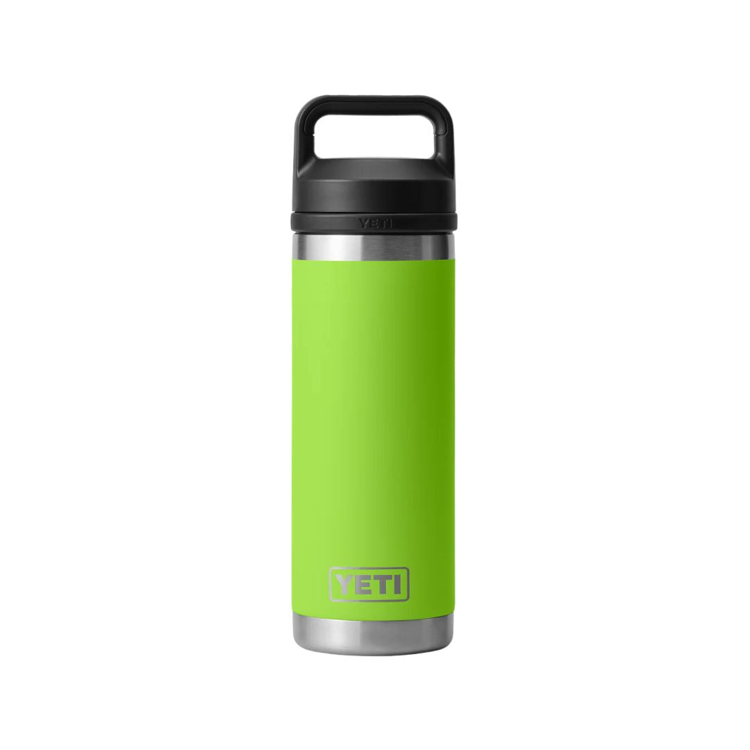 YETI Rambler Bottle Chug V2 18 oz color Venom vista frontal con tapón cerrado y logo YETI.
