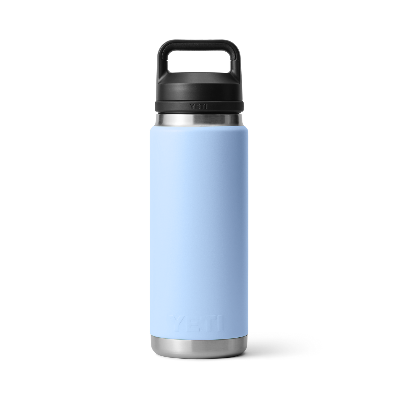 Vista posterior de la botella YETI Rambler 26 oz en color Big Sky Blue con Chug Cap.