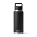 Vista frontal de la botella YETI Rambler 26 oz en color negra con Chug Cap.