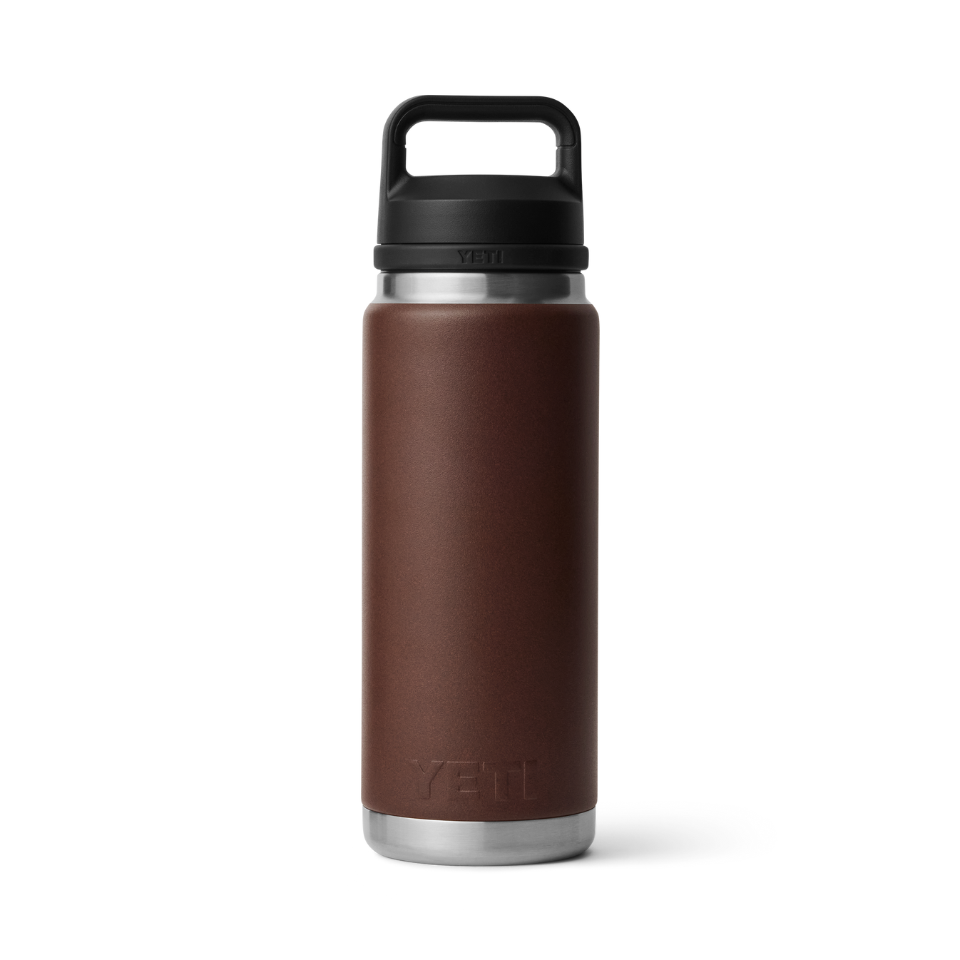 Vista posterior de la botella YETI Rambler 26 oz en color marrón con Chug Cap.