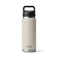 Vista frontal de la botella YETI Rambler 26 oz en color beige con Chug Cap.