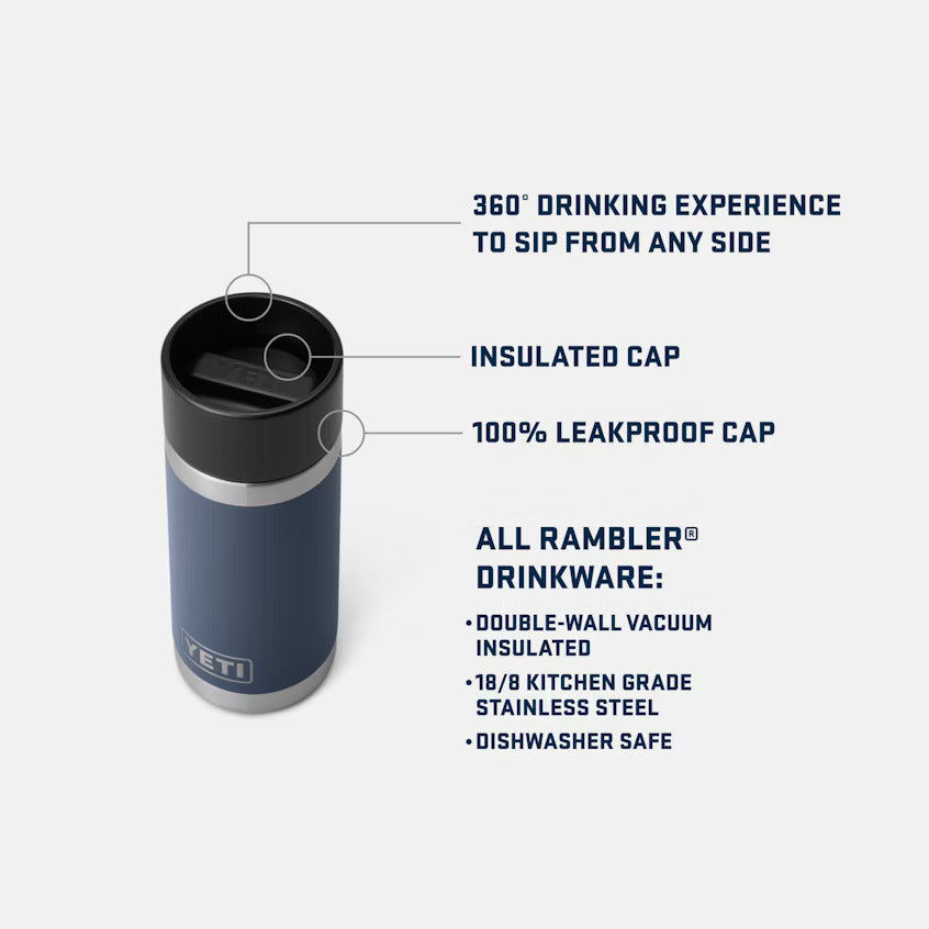 Botella YETI Rambler® HotShot 12 oz con enfoque en la tapa HotShot™, experiencia de bebida 360° para sorber desde cualquier lado, tapa aislada que mantiene la temperatura, diseño 100% a prueba de fugas, aislamiento de doble pared al vacío, construcción en acero inoxidable 18/8 de grado culinario y apta para lavavajillas.